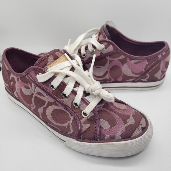 Coach Shoes - Coach Women 6B Signature Burgundy Wine Monogram Canvas Sneakers Lace Up Sneakers
